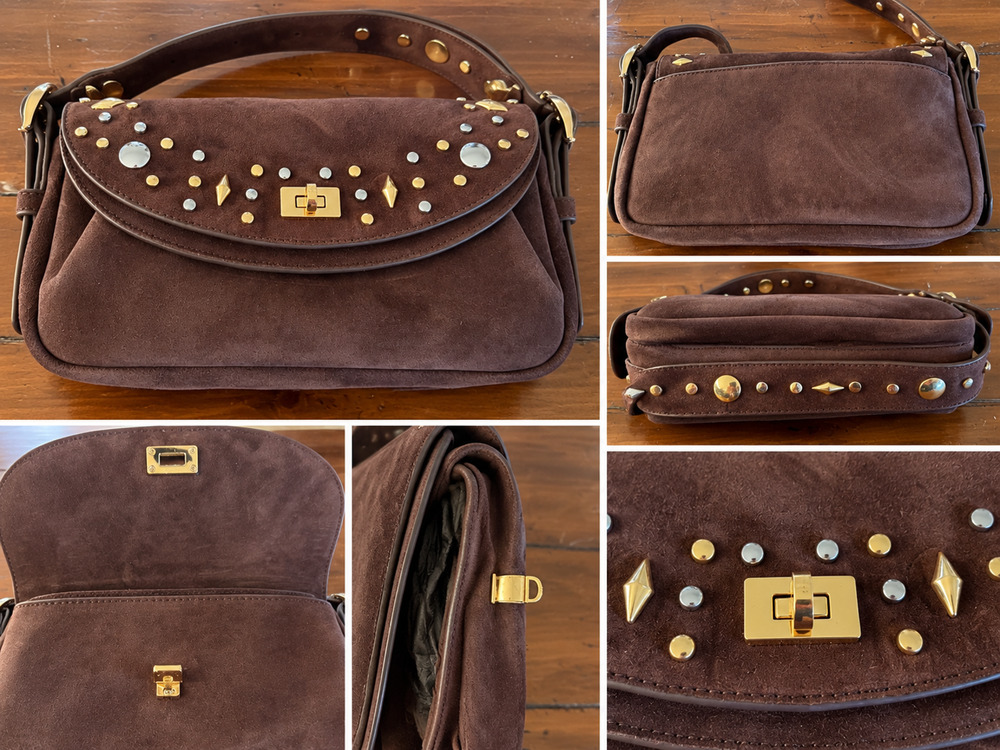 Sandro Le Mambo Janys Studded Suede Bag Black Brown NWT